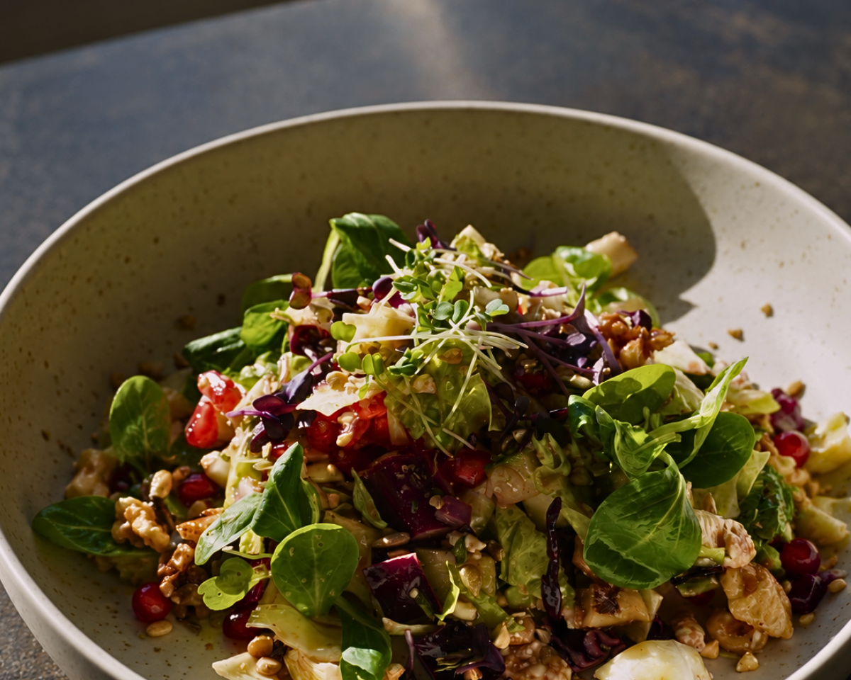 Herbstlicher Salat mit Granatapfel Balsam, Walnüssen und Feta